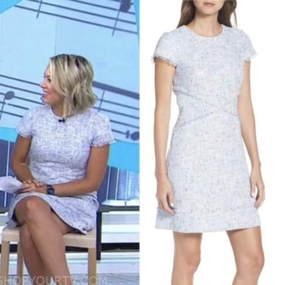 NWOT Eliza J Light Blue Tweed Sheath Dress Eyelash Fringe Trim Size 12 - Picture 3 of 11